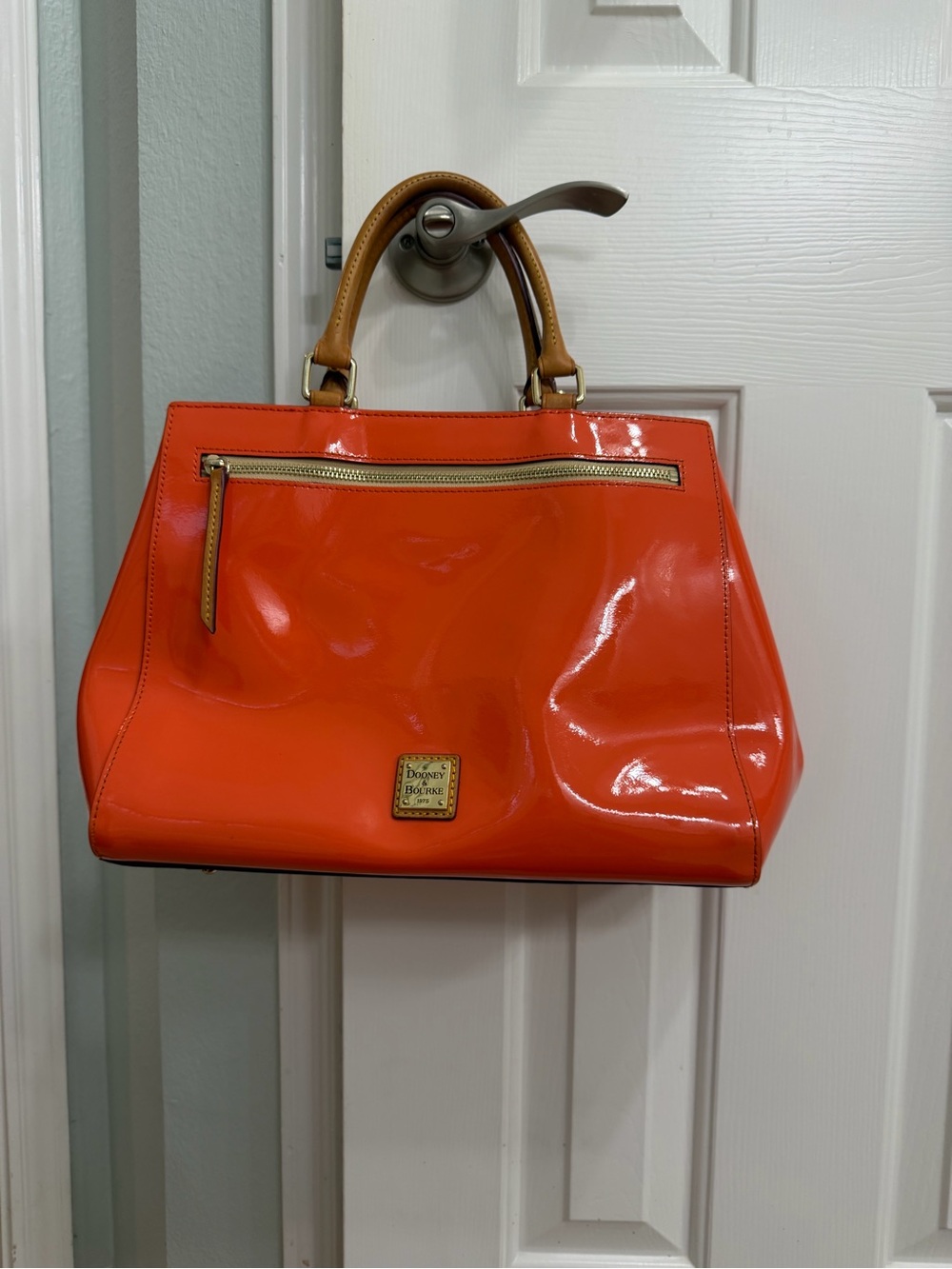 Dooney & Bourke Orange Patent Satchel with Tan Handles and Gold Hardware